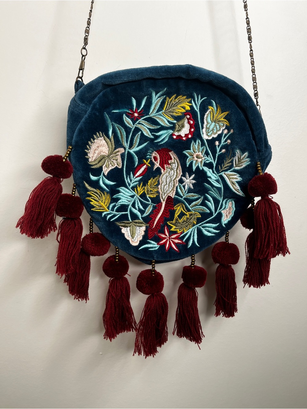 NWT Curations Embroidered Teal Velvet Crossbody Bag with Burgundy Tassels Boho